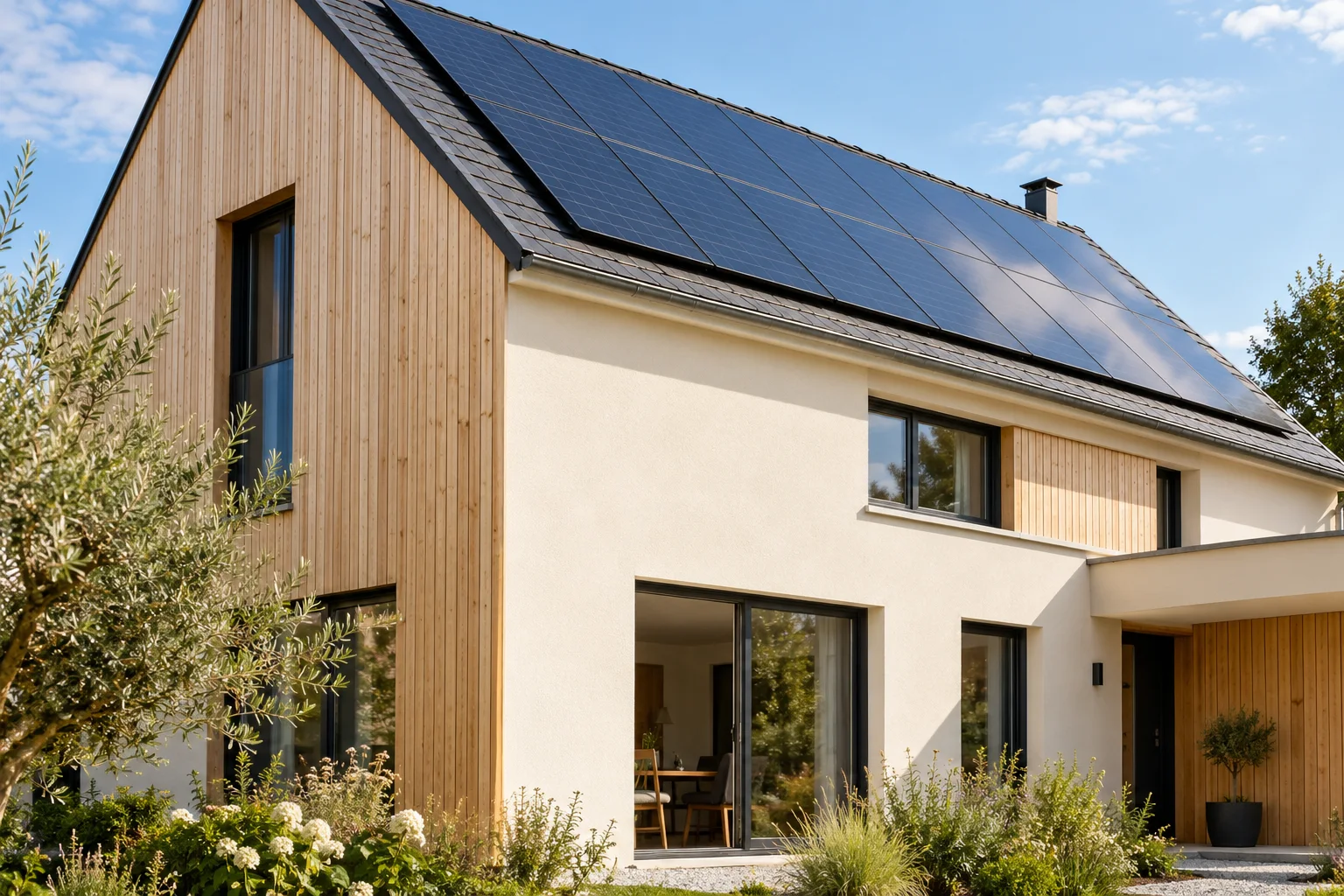 Façade et panneaux photovoltaïques d’une maison, illustration générée par IA