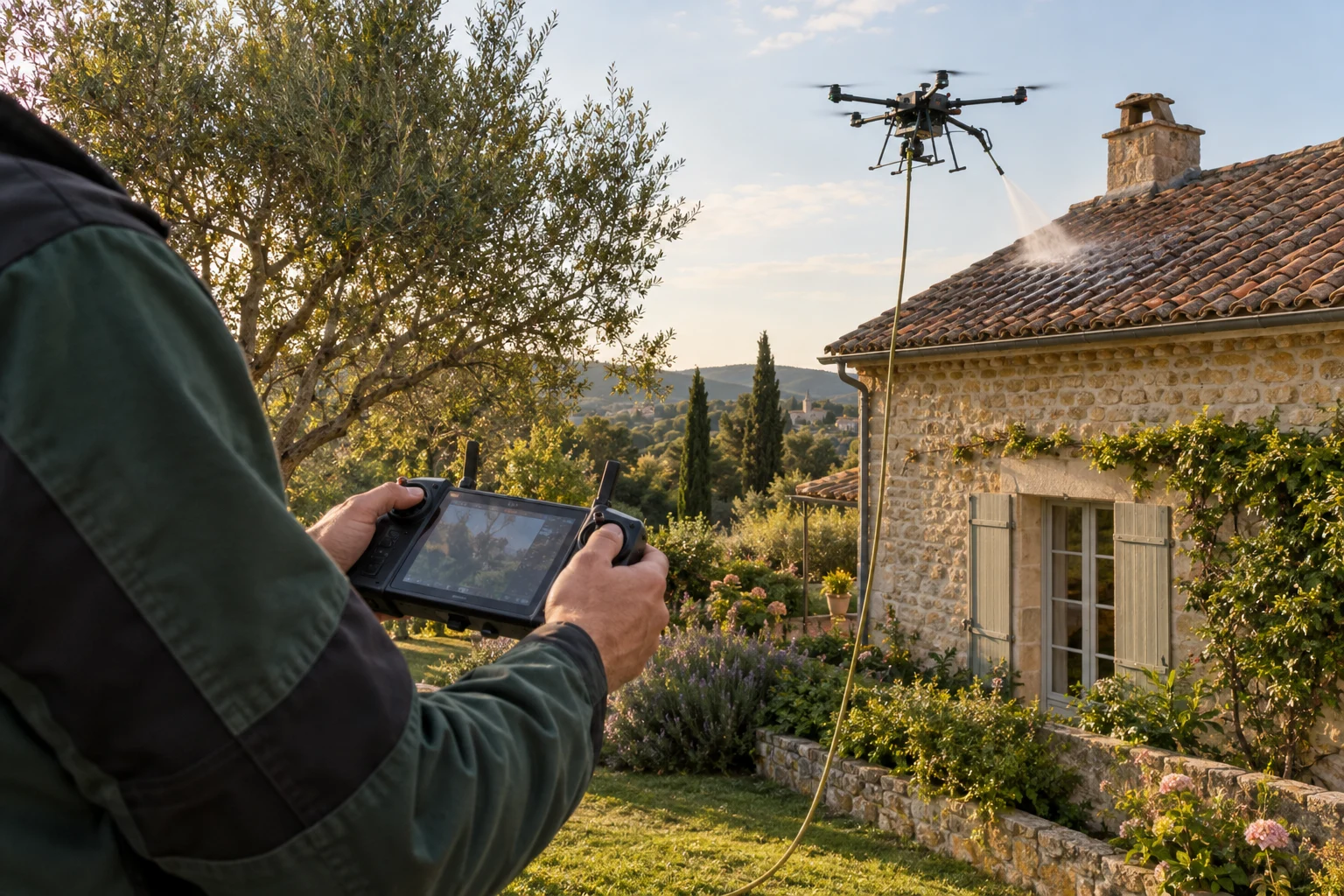 Un opérateur anonyme pilote depuis le jardin un drone de traitement de toiture, illustration générée par IA