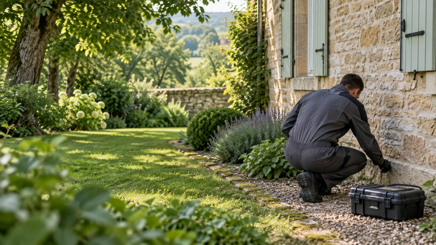 Un professionnel anonyme inspecte les abords d’une maison, illustration générée par IA