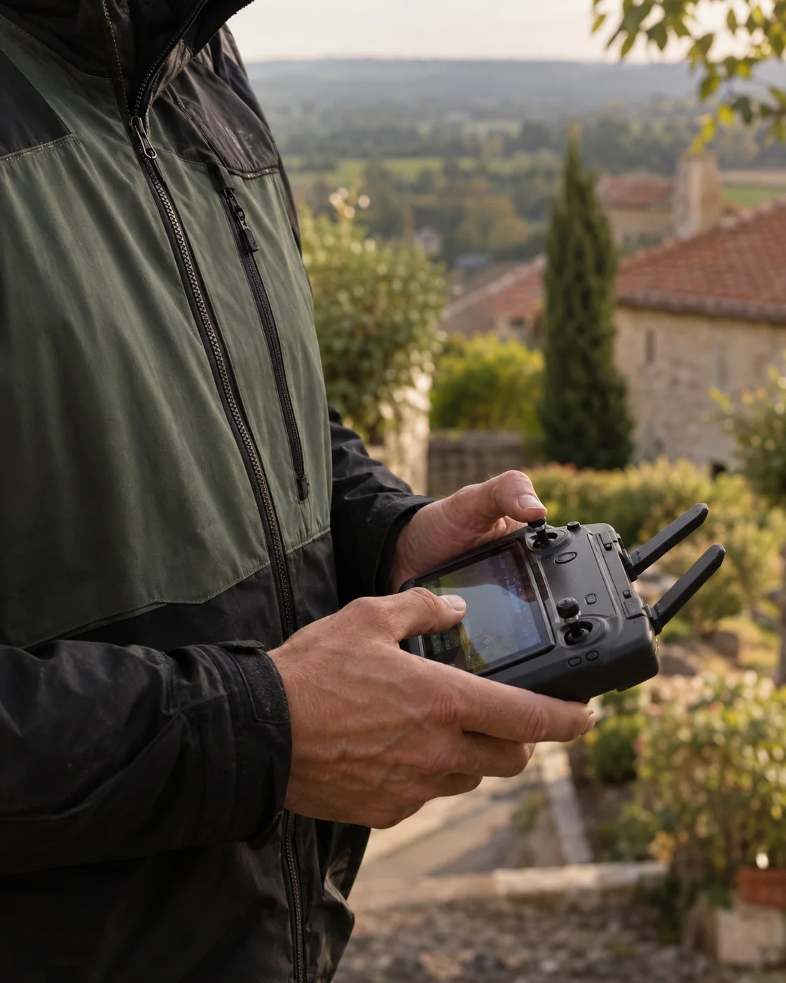 Visuel généré par IA : mains d’un opérateur anonyme aux commandes d’un drone