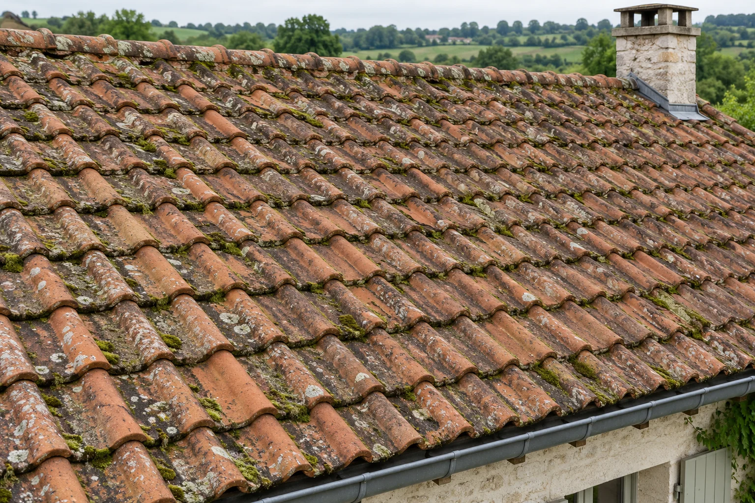 Simulation avant démoussage : couverture en terre cuite colonisée par les mousses et lichens.