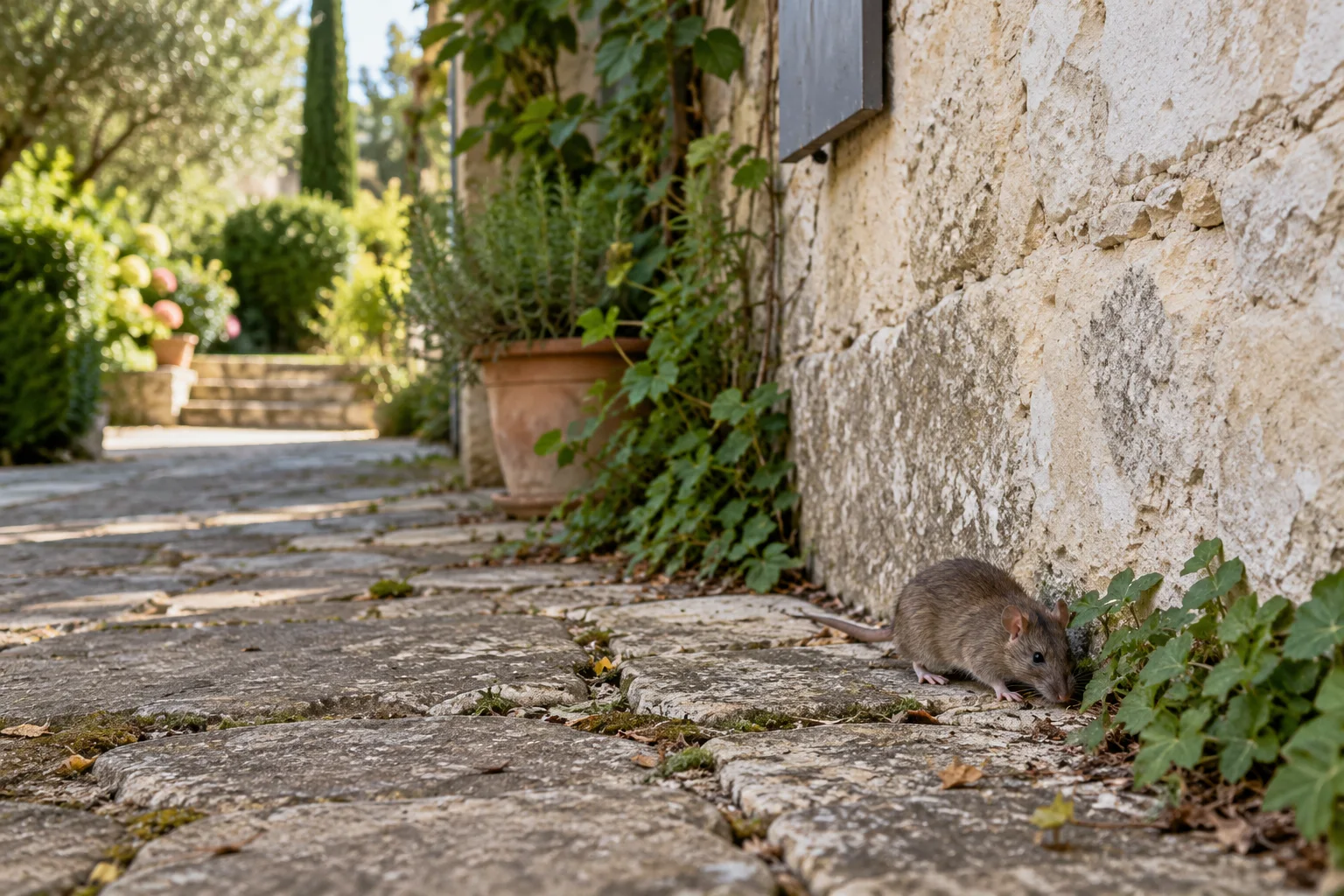 Un rat brun au pied d’un mur, illustration générée par IA