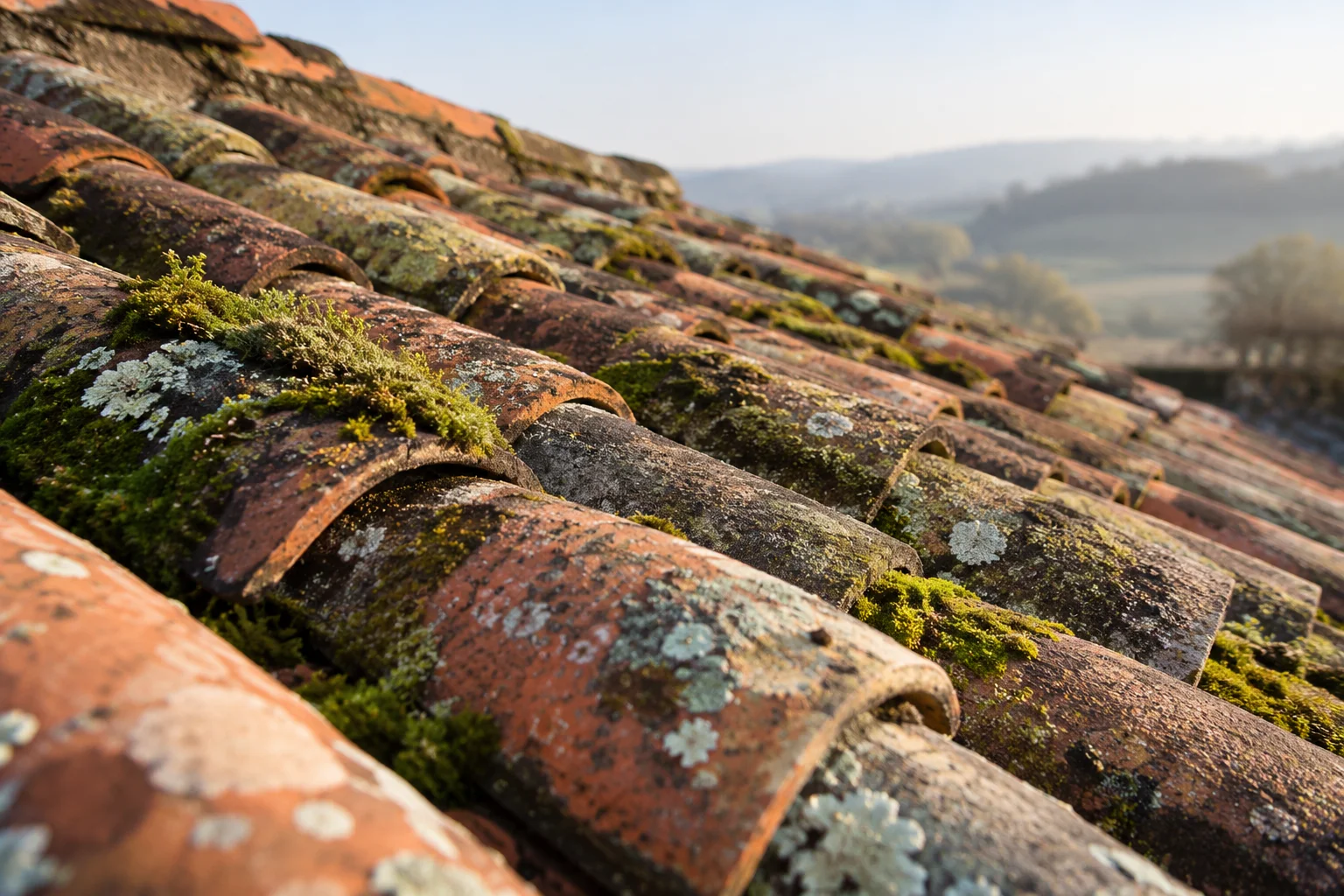 Mousses et lichens sur une toiture en terre cuite à entretenir, visuel généré par IA