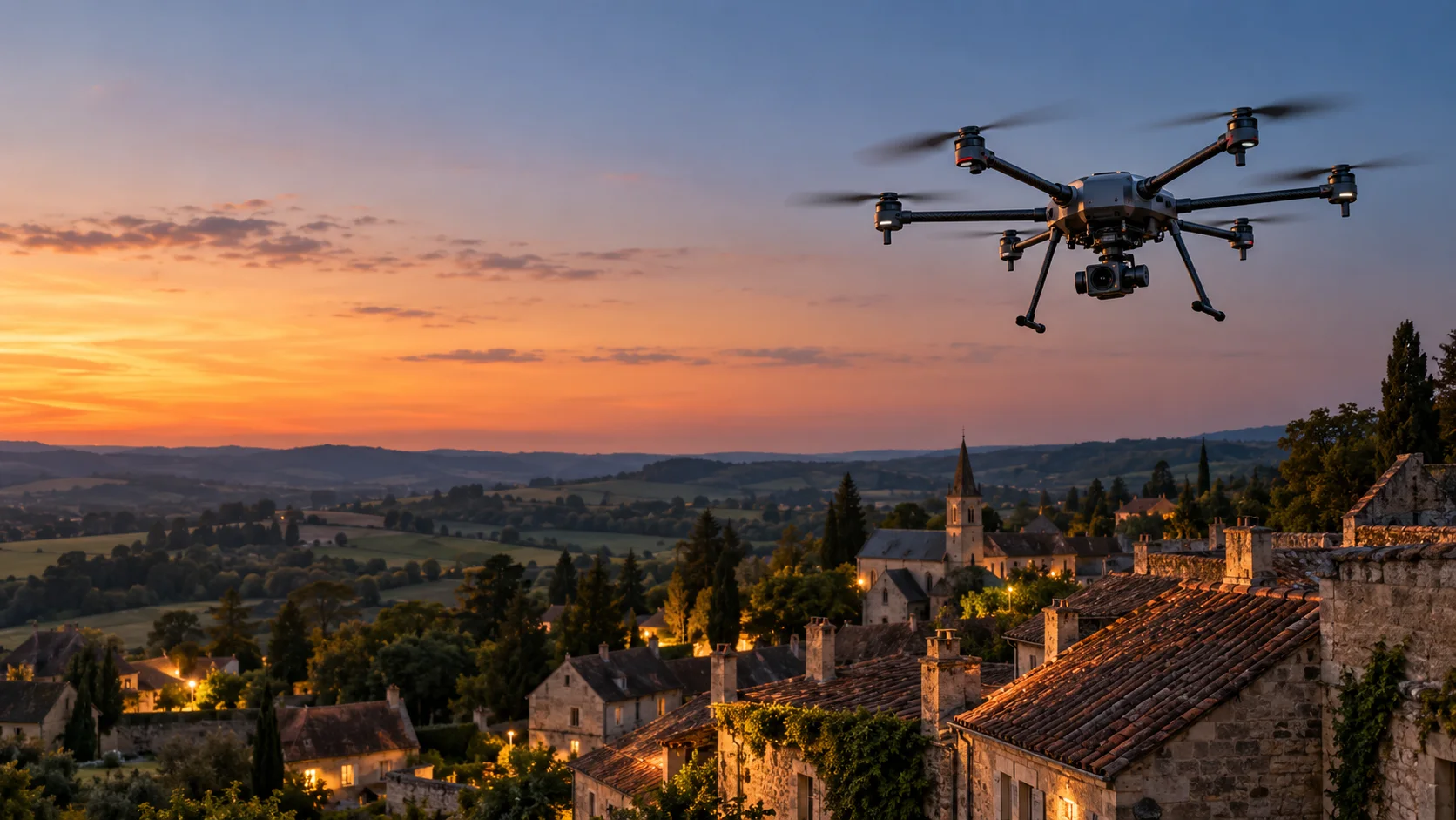 Drone au-dessus des toits à la lumière du soir, illustration IA