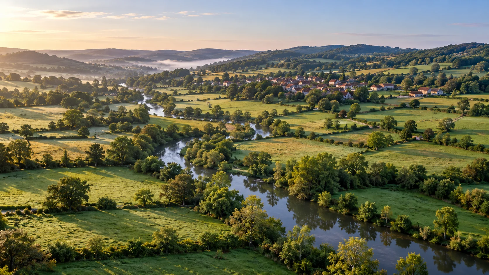 Paysage aérien de bocage inspiré du sud de la Bourgogne, illustration générée par IA