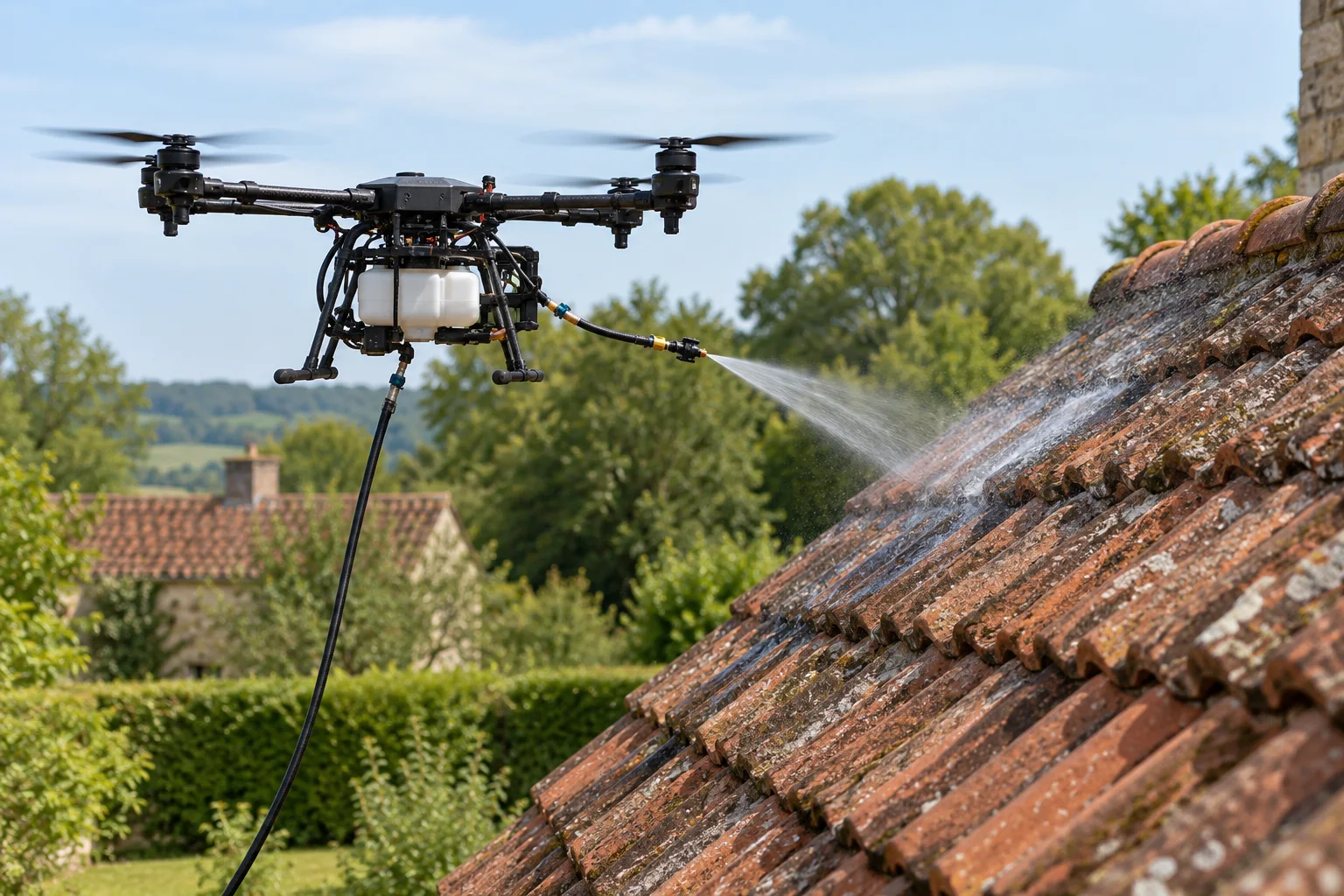 Drone de traitement près d’une toiture, illustration générée par IA