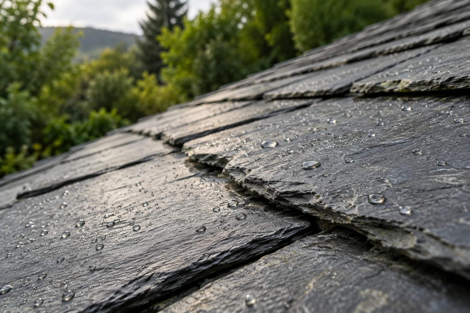 Gouttes de pluie sur une couverture en ardoise, illustration générée par IA