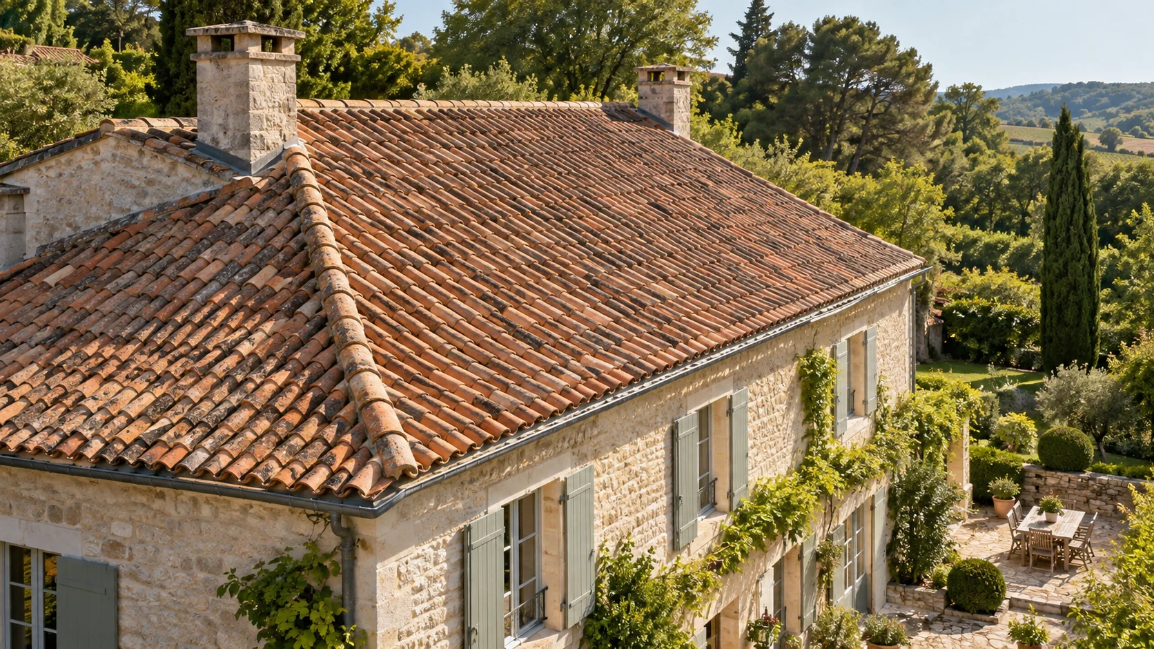 Toiture en terre cuite au milieu d’un jardin arboré, illustration générée par IA